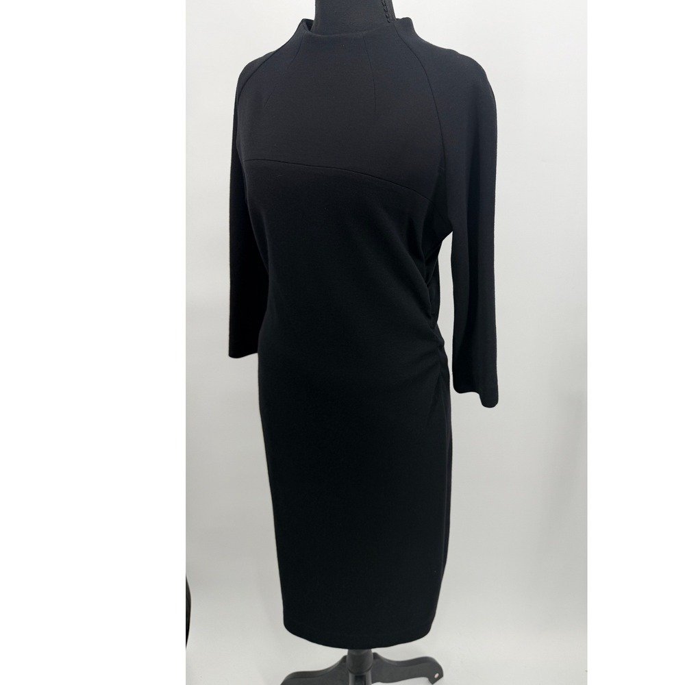 Lida Baday Sheath Dress Womens 14 Black Good 100% Wool Mock Neck Ruched Canada